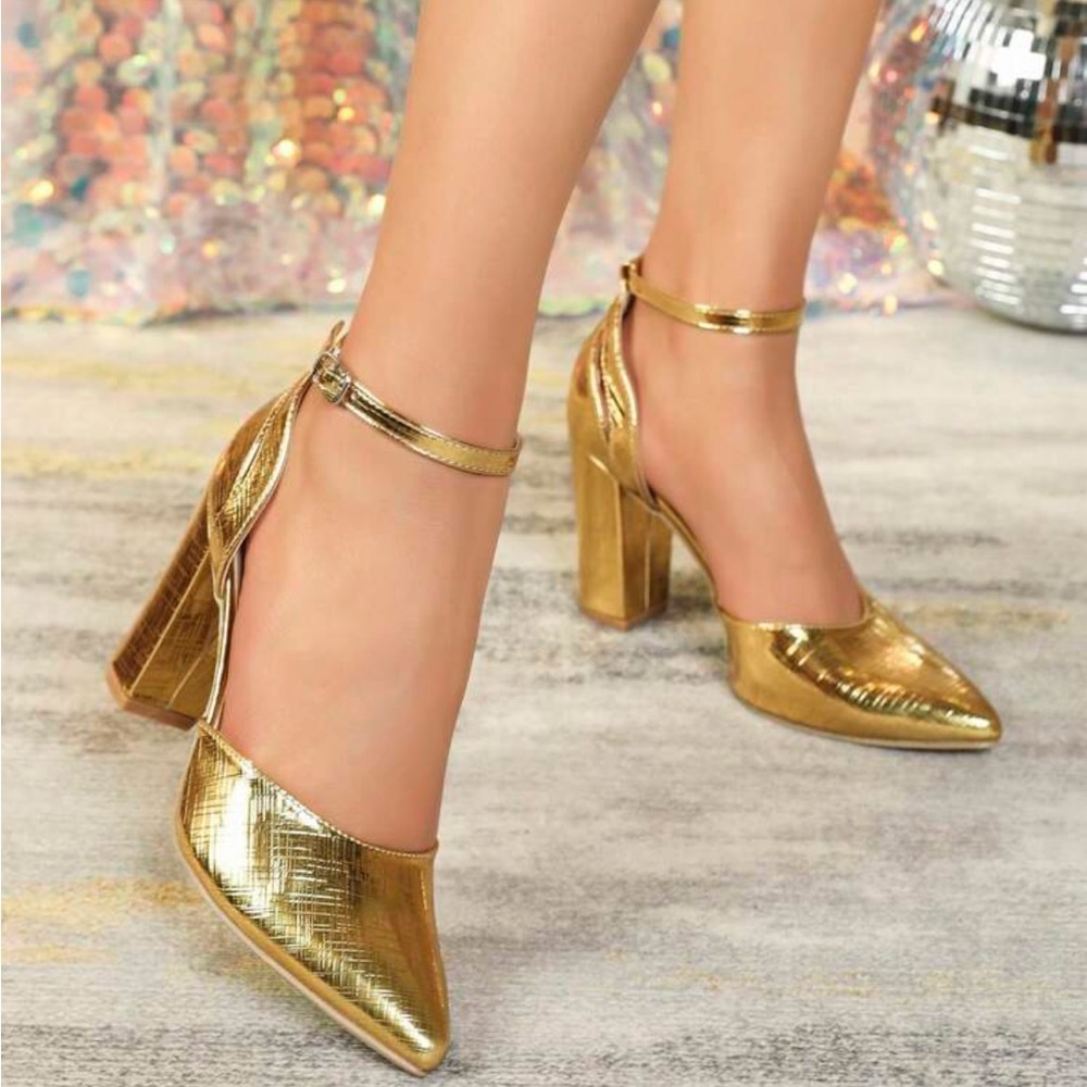 Ladies' Gold Pointed-toe High Heels With Ankle Strap And Cut-out Design - Picture 3 of 4
